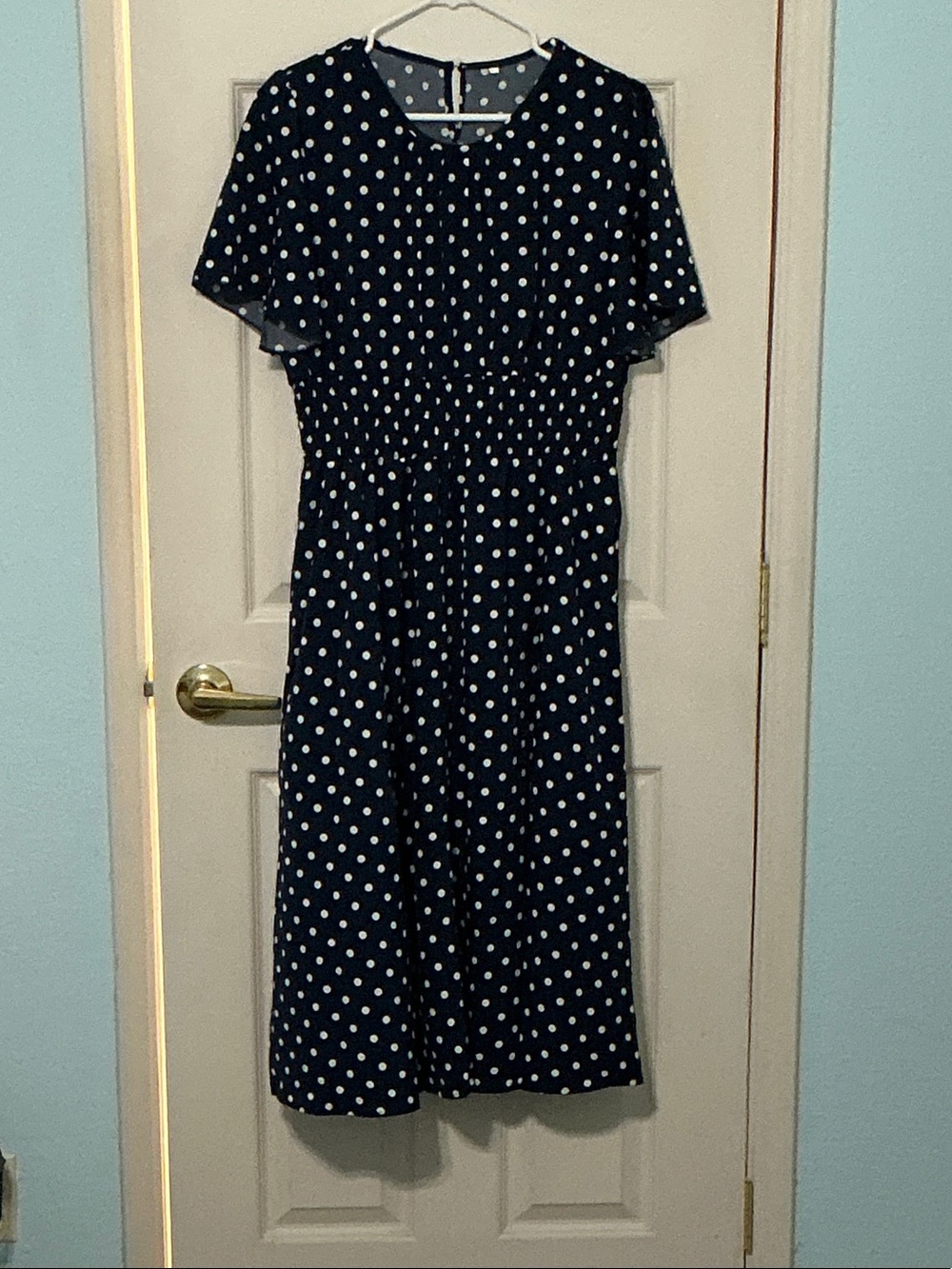 Polka Dot Navy Midi Dress with Short Sleeves